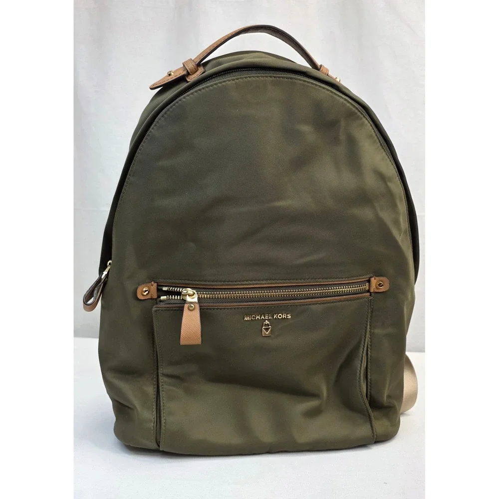 Michael Kors Olive Green Nylon Backpack with Tan Leather Trim and Gold Hardware - Picture 5 of 16